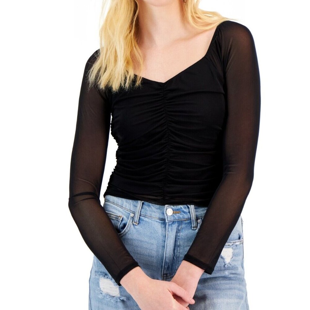 Chic Juniors Girl Women Ruched-Front Mesh-Sleeve V-Neck Cropped Black Top Size M